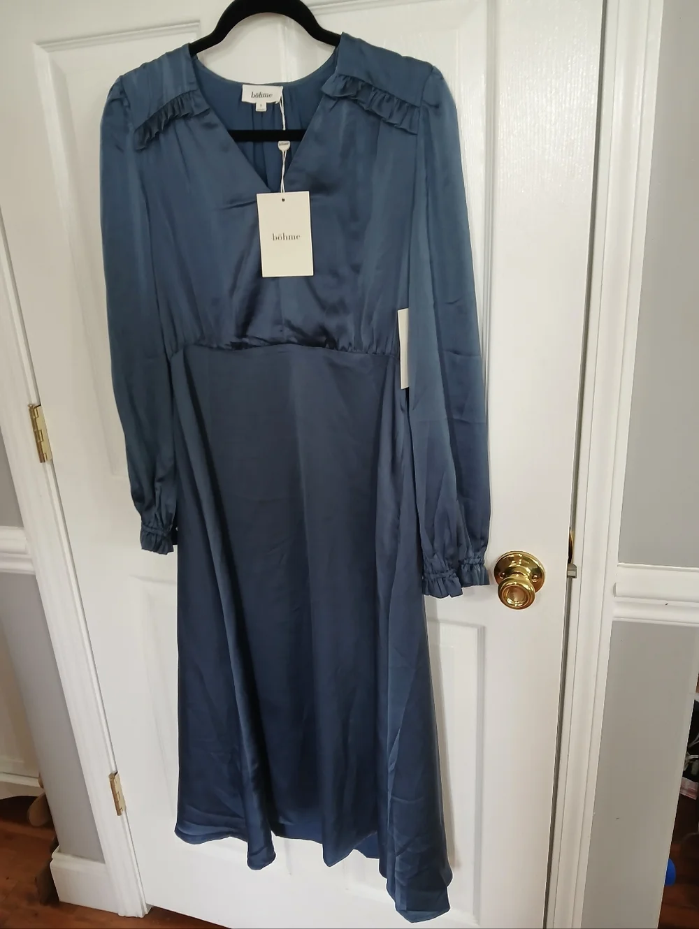 NWT Bohme Blue Long-Sleeve V-Neck Midi Dress Boho Cottage Wedding Guest Feminine - Picture 2 of 9